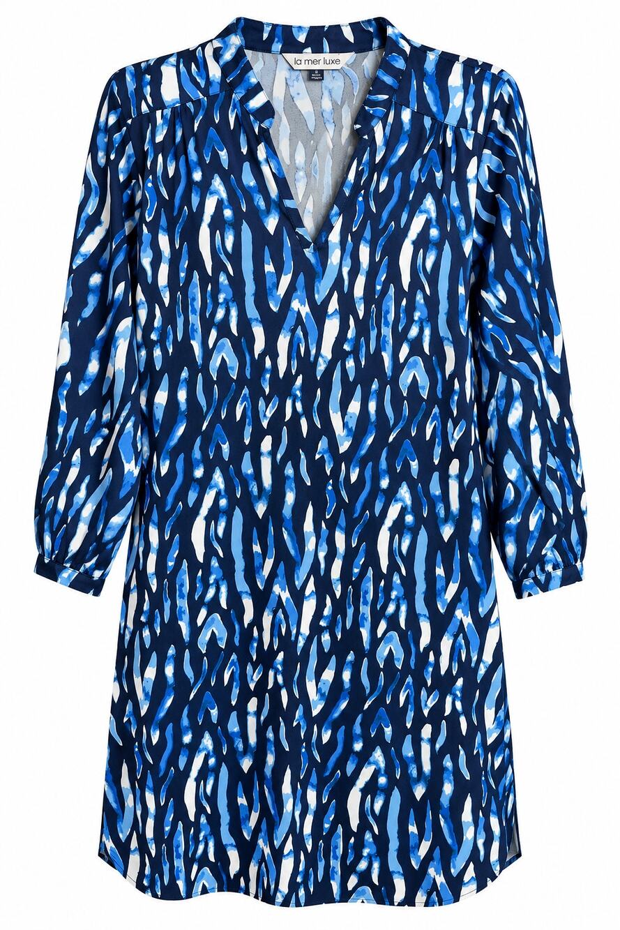 La Mer Luxe Blue Abstract Print Shift Dress L Long Sleeve V Neck Stretch